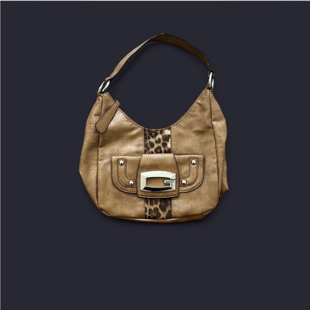 Guess brown and leopard print leather handbag.